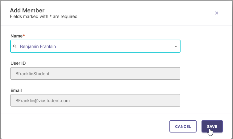An 'Add Student' pop-up window is displayed. A dropdown menu is visible with an arrow indicating to click to show a list of user accounts. The user has typed 'Jo' in the dropdown menu to filter the list of user accounts. The image is annotated with a red circle around the dropdown menu.
