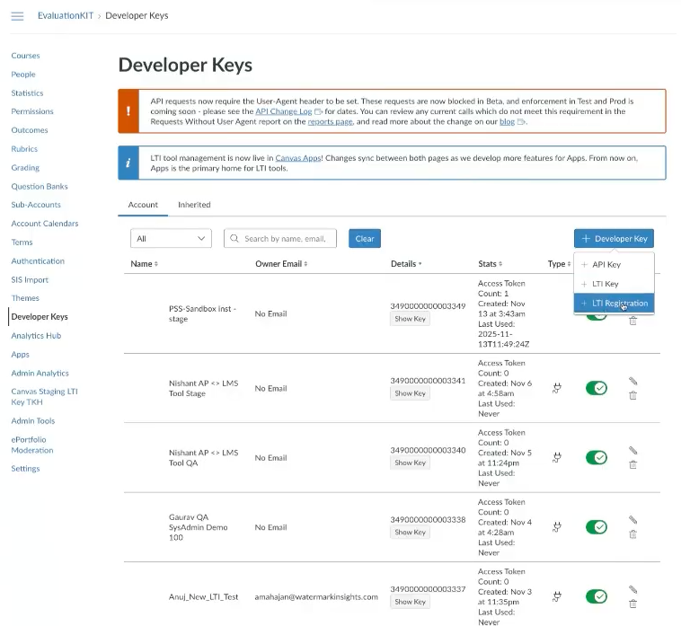 The Developer Keys page showing a list of existing keys with name, owner email, details, stats, and type columns, while the +Developer Key button is open and displaying options for API Key, LTI Key, and LTI Registration in a dropdown