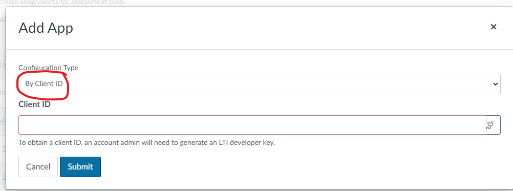  The Add App modal showing Configuration Type set to By Client ID, with an empty Client ID field below and Cancel and Submit buttons displayed at the bottom.