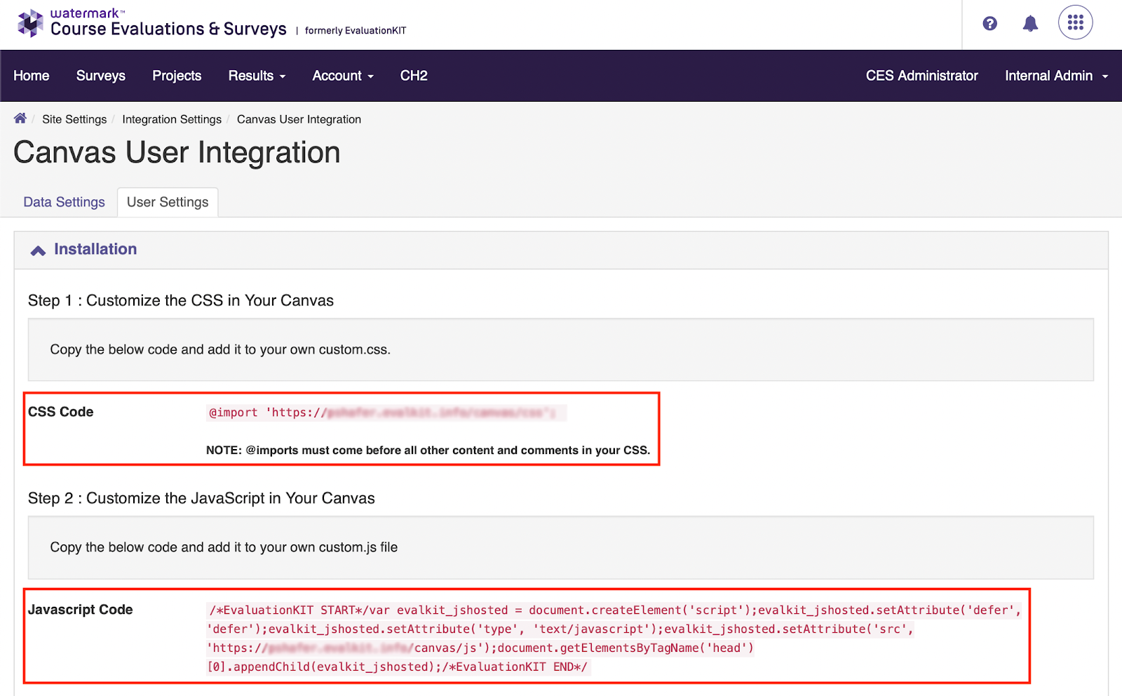 The Canvas User Integration page showing installation steps with a CSS Code box displayed under Step 1 and a JavaScript Code box displayed under Step 2, each containing code to copy into Canvas