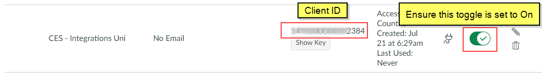 The Developer Keys list showing an entry for a tool with the Client ID highlighted on the right and the activation toggle highlighted as set to On.