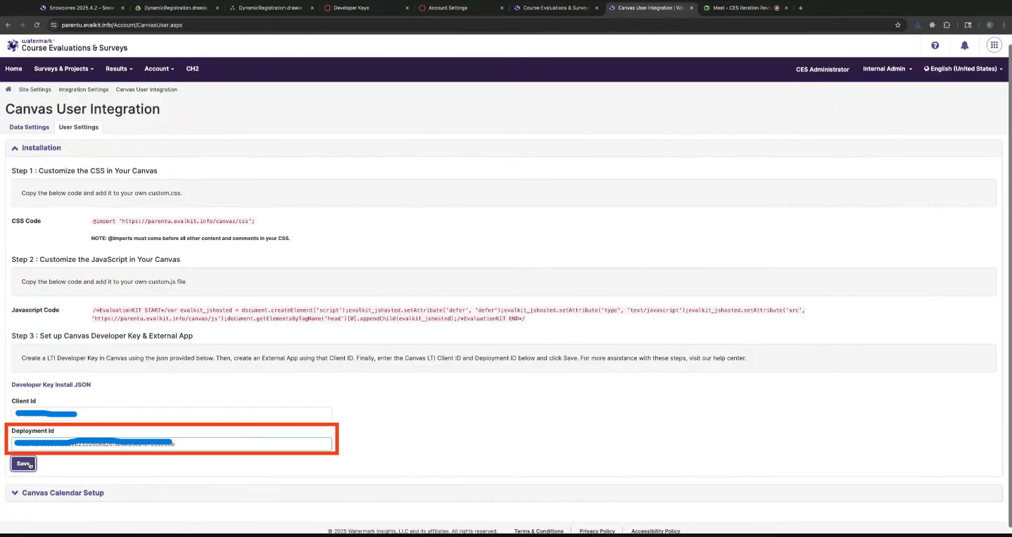 The Canvas User Integration page showing steps for adding CSS and JavaScript and a section for entering the Canvas Developer Key and External App values, with the Client ID and Deployment ID fields filled and Save button displayed below.