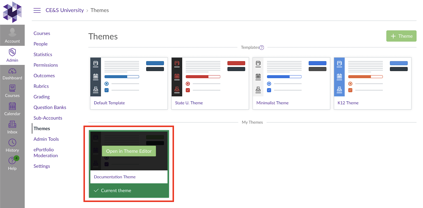 The Themes page showing several theme templates at the top and a My Themes section below, with the Documentation Theme tile outlined and displaying an Open in Theme Editor button and a Current Theme label.