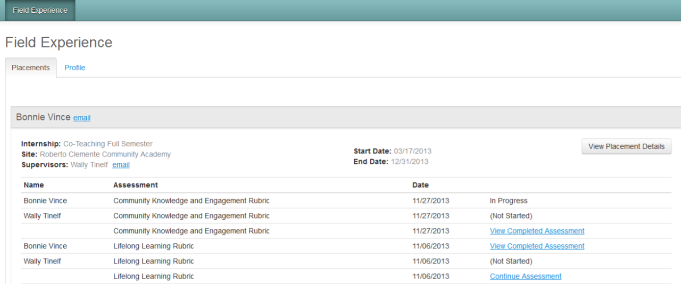 A Field Experience page showing placement details including internship type, site, supervisor, start and end dates, and a list of assessments with columns for name, assessment title, date, and status, along with a View Placement Details button.