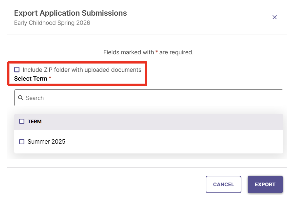 Screenshot of the Export Application Submissions page highlighting the 'Include ZIP folder with uploaded documents' checkbox.