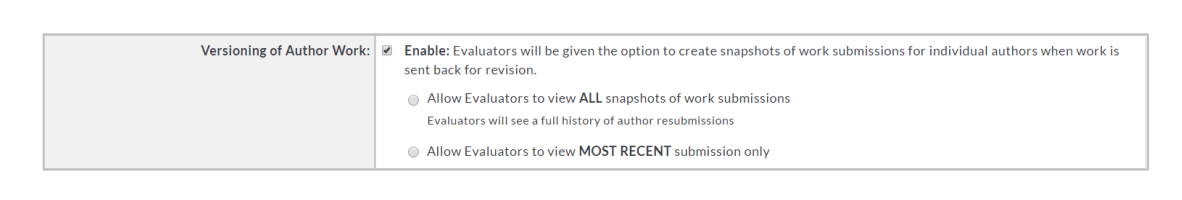 The DRF Program Management page showing options for enabling versioning of author work and choosing what evaluators can view.