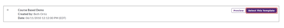 The DRF Template page showing an available template listed with details. A Select This Template button is on the right.
