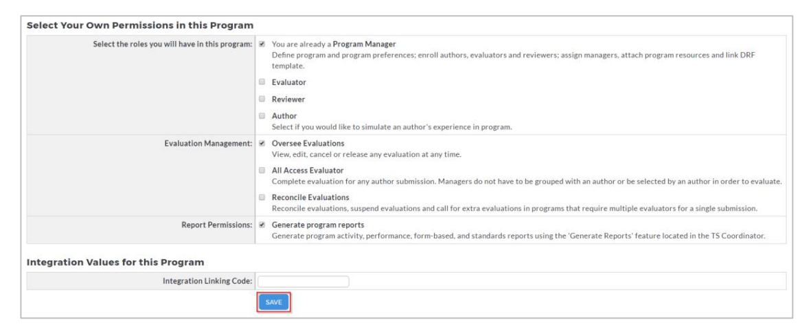 The DRF Program Management page showing options to set your own permissions in the program, including role selection, evaluation management, and report permissions. The Save button appears below the settings.