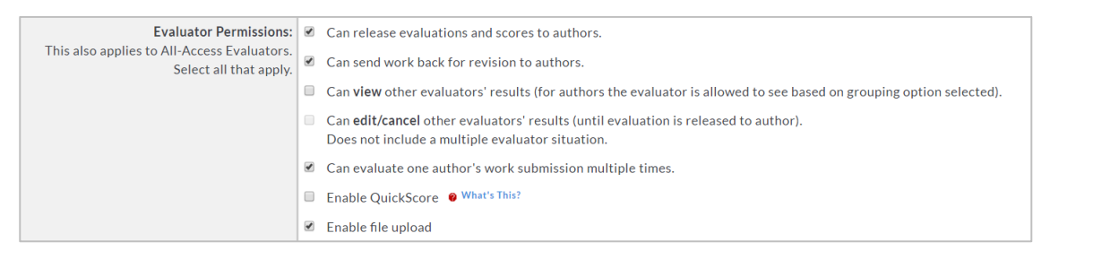 The DRF Program Management page showing evaluator permission options for selecting what evaluators are allowed to do in the program.