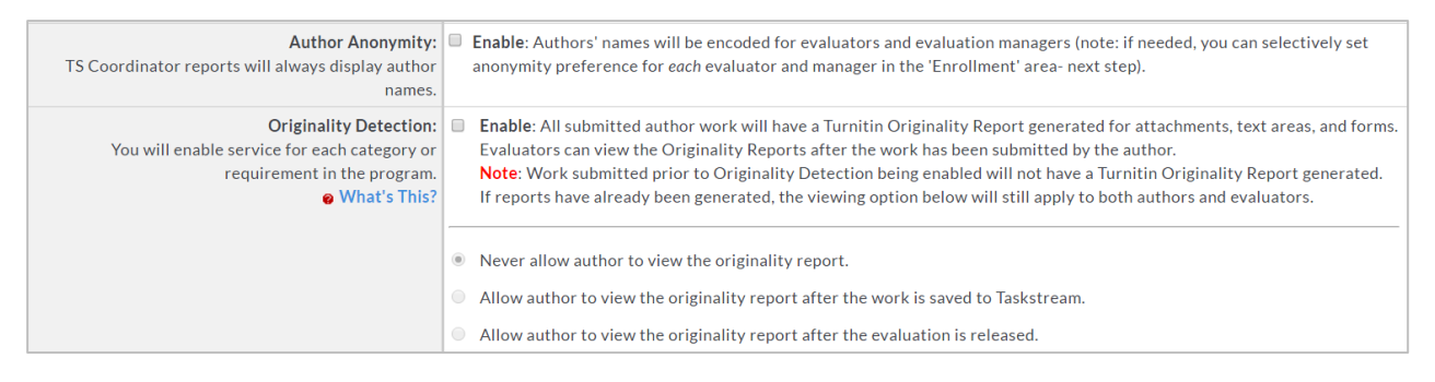 The DRF Program Management page showing options for author anonymity and originality detection settings.