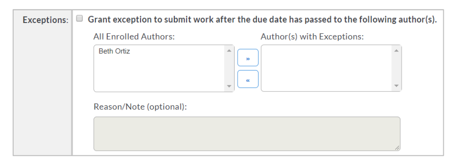 The Due Date Options page showing the exceptions section where specific authors can be granted permission to submit work after the due date.