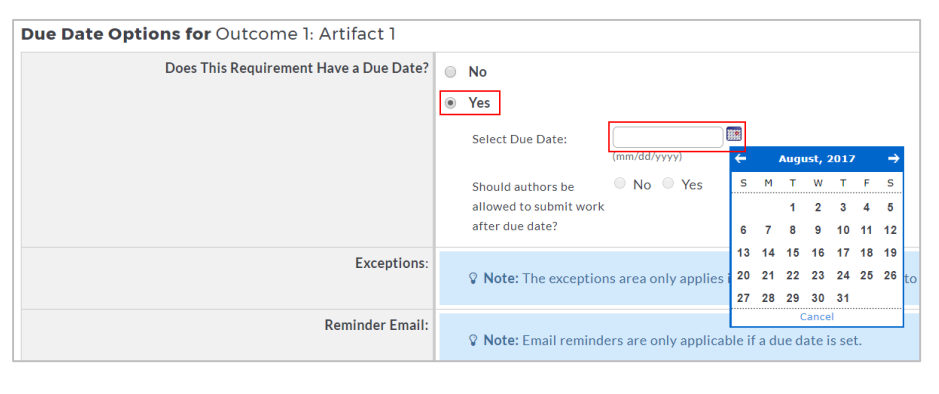 The Due Date Options page for an artifact showing settings to enable a due date. The Yes option is selected, and the due date field is highlighted with a calendar open for choosing a date.
