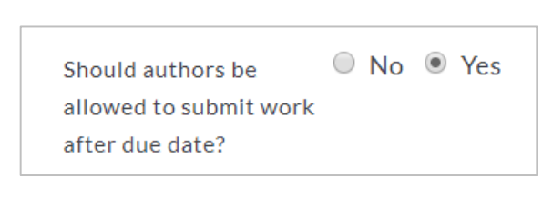 The Due Date Options page showing the setting that allows authors to submit work after the due date, with the Yes option selected.