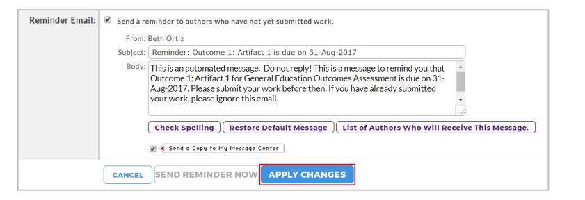 The Reminder Email section showing the option to send a reminder to authors who have not submitted work, with the message details displayed. An Apply Changes button located below is highlighted.