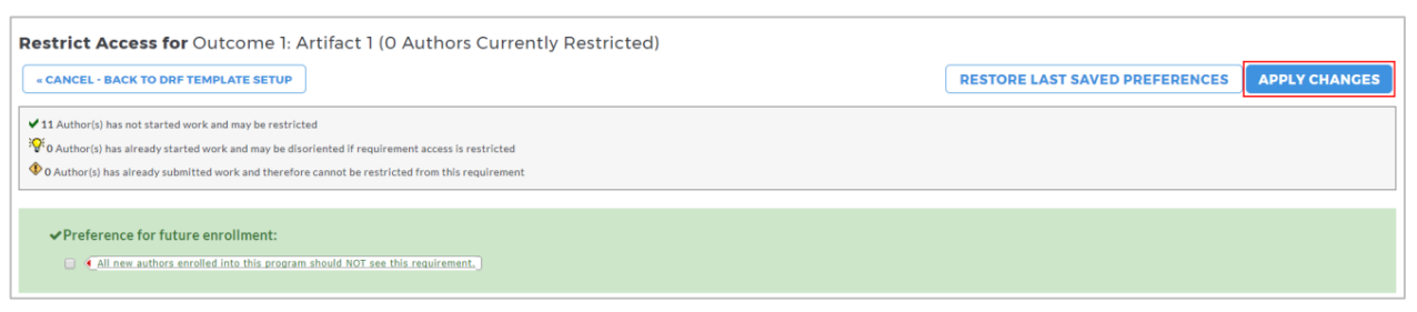 The Restrict Access page showing author status information and an option to set restrictions for future enrollment. An Apply Changes button is on the right.