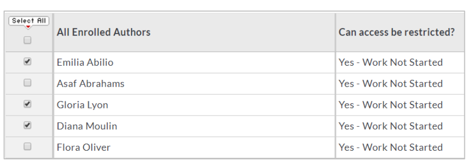 The restriction settings page showing a list of enrolled authors with checkboxes to select them and a column indicating whether access can be restricted.