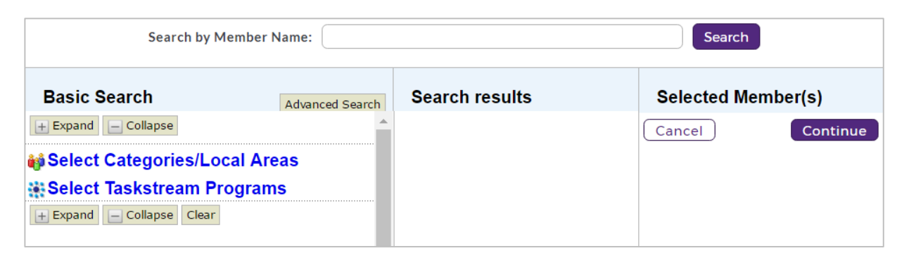 The enrollment search page showing a basic search panel with category and program filters, an empty search results area, and a section for selected members with options to cancel or continue.