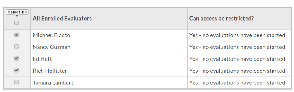 The evaluator restriction settings page showing a list of enrolled evaluators with checkbox options and a column indicating whether access can be restricted.