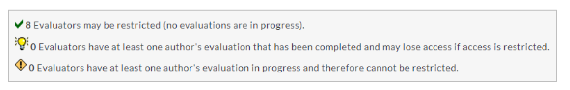 The evaluator status summary showing counts of evaluators who may be restricted, who have completed an evaluation, and who have an evaluation in progress.