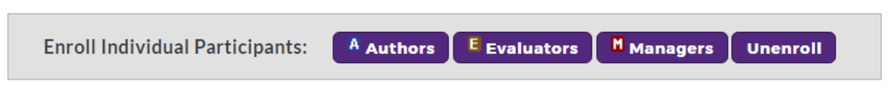 The enrollment section showing options to enroll individual participants as authors, evaluators, or managers, along with an option to unenroll.