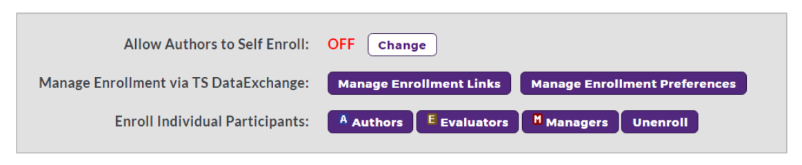 The Enrollment page showing options to allow self-enrollment, manage enrollment through data exchange, and enroll or unenroll individual participants.