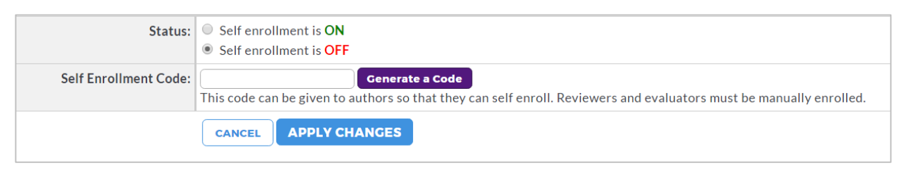 The self-enrollment settings page showing options to turn self-enrollment on or off, enter or generate a self-enrollment code, and apply changes.