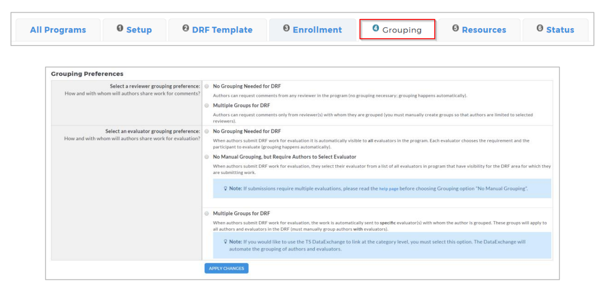 The DRF Program Management page showing the main navigation ribbon. The Grouping tab is highlighted, and grouping preferences for reviewers and evaluators are displayed, with an Apply Changes button at the bottom.