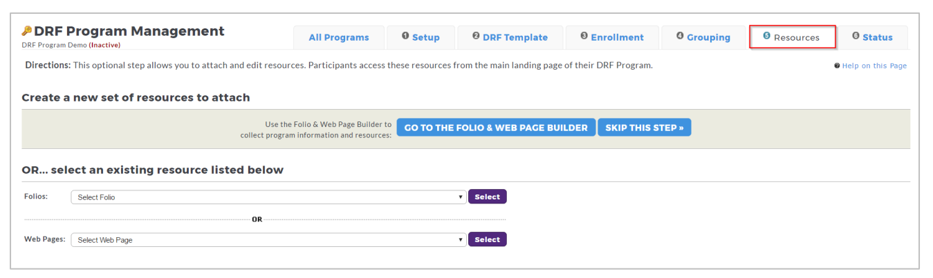 The DRF Program Management page showing the main navigation ribbon. The Resources tab is highlighted, and options to create or select resources such as folios and web pages are displayed.
