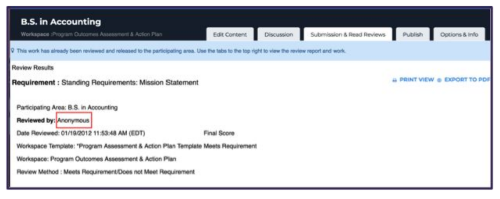 The B.S. in Accounting page showing Review Results section with requirement details, participating area, review date, workspace template, workspace, and review method, with the Reviewed by field showing ‘Anonymous’ highlighted.