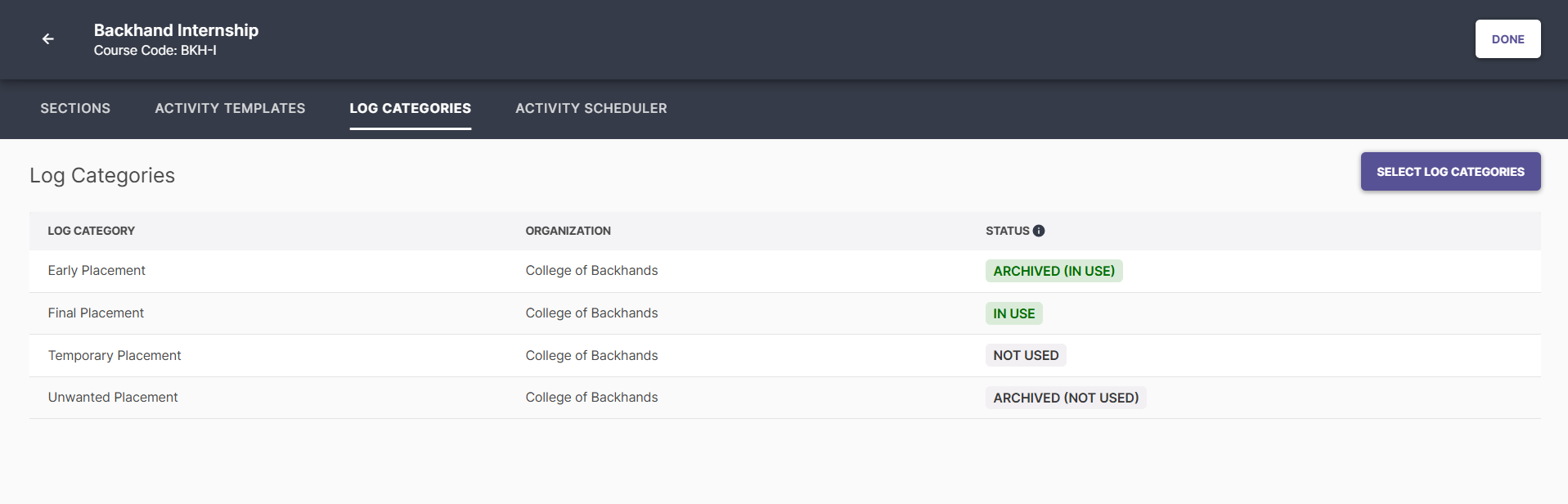 The Backhand Internship page showing course code and navigation tabs with Log Categories active, listing a table of log categories with Early Placement, Final Placement, Temporary Placement, and Unwanted Placement entries, each showing organization field and status field, alongside a Select Log Categories button and a Done button.