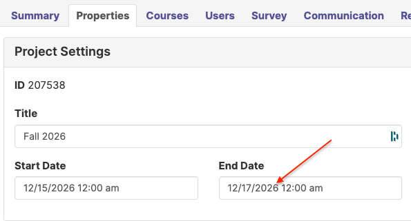 Screenshot of the Project Settings screen under the Properties tab showing the 'End Date' field.