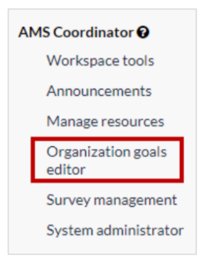 The AMS Coordinator menu showing navigation options, with Organization goals editor highlighted.