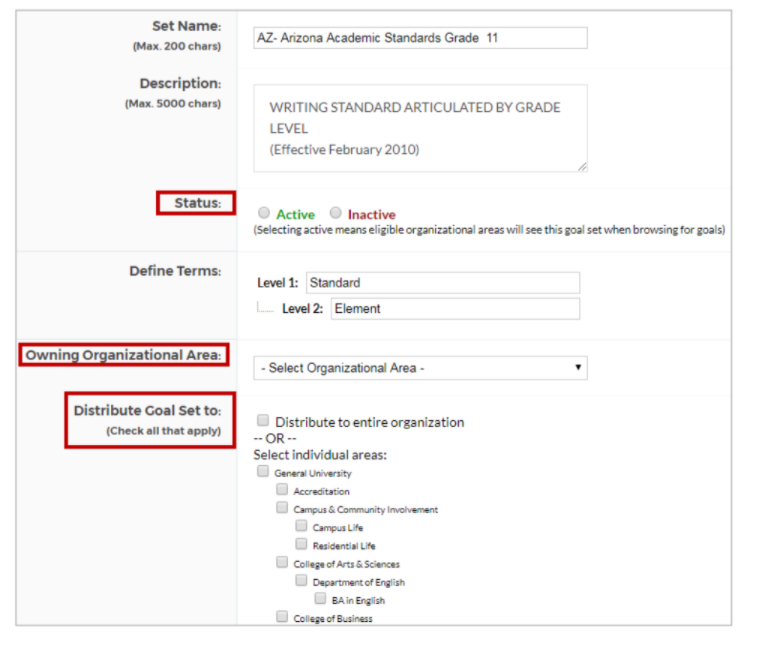 The Edit Goal Set Properties page showing fields for set name and description, with Status, Owning Organizational Area, and Distribute Goal Set options highlighted.