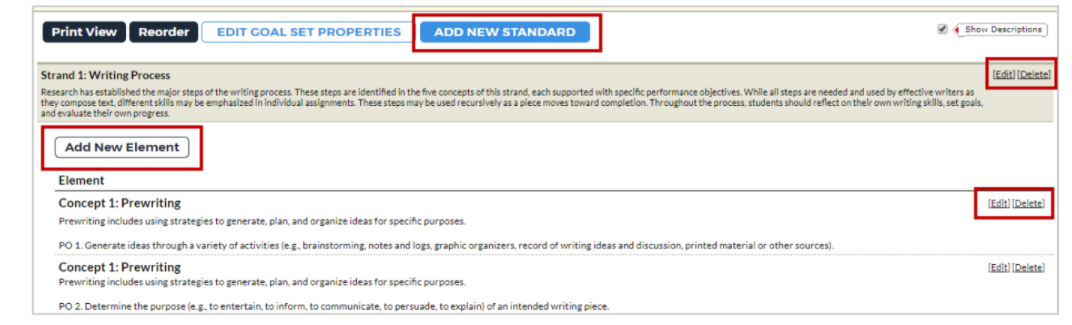 The Manage Standards page showing a writing strand with standards and elements listed, with Add New Standard, Add New Element, and Edit/Delete options highlighted.