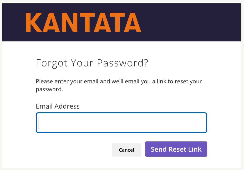Screenshot of the Kantata OX password reset page showing an email address field and 'Send Reset Link' button.