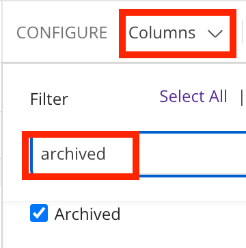 Screenshot of a user interface showing configuration options, highlighting the 'Columns' and 'archived' in the filter input box.