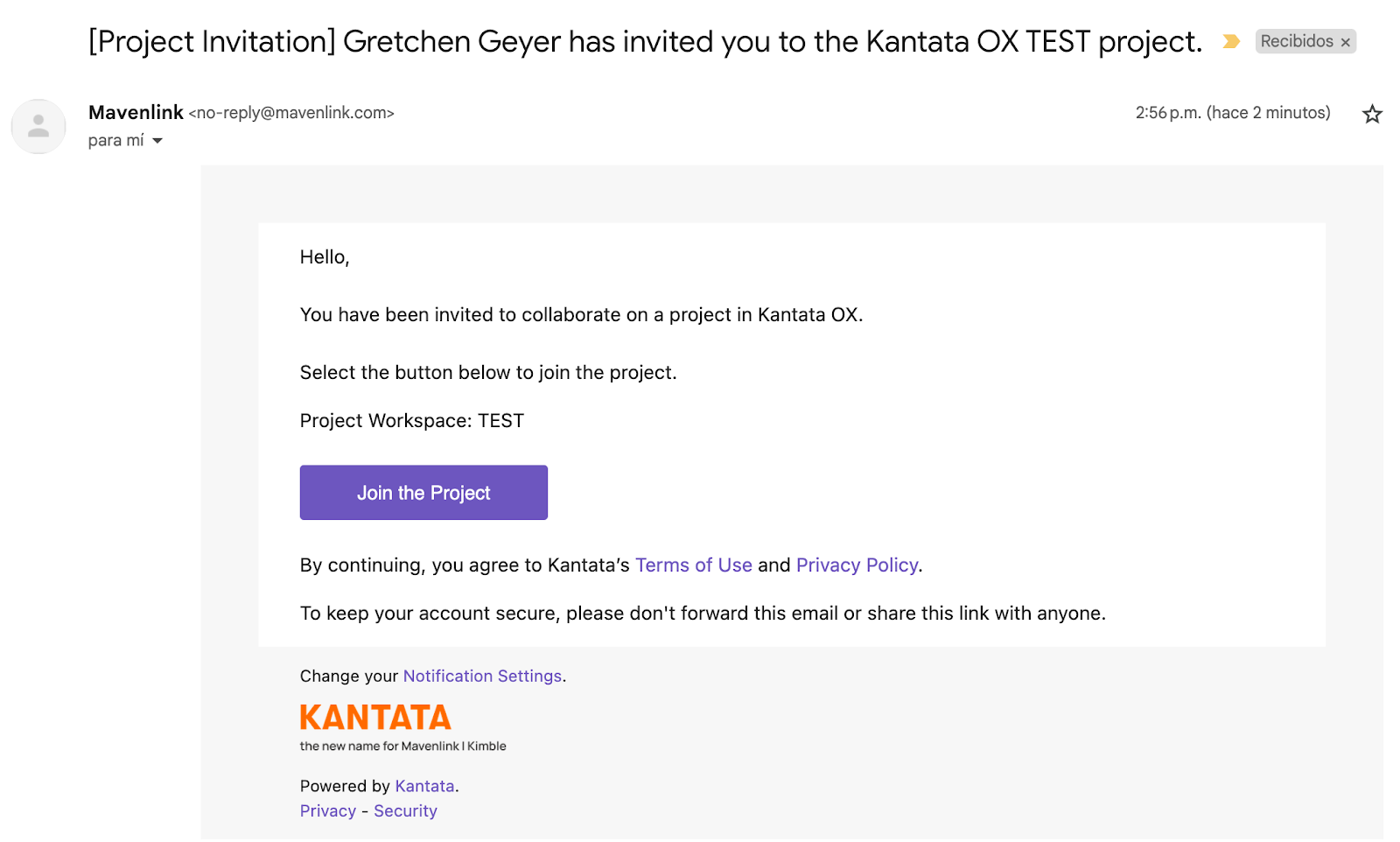 Screenshot of an email invitation from Mavenlink to join the Kantata OX TEST project with a' Join the Project' button.