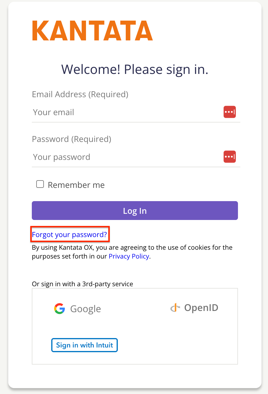 Screenshot of the Kantata OX sign in page, showing various fields and highlighting the 'Forgot your password?' button.