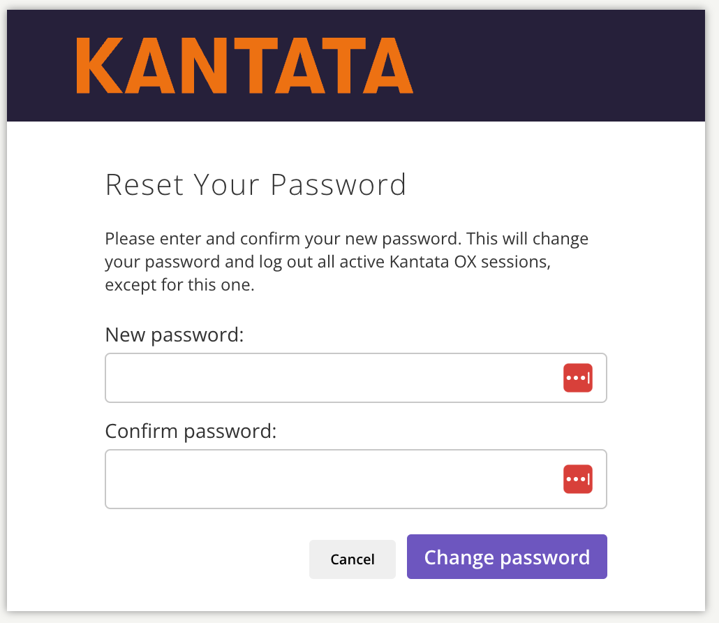 Screenshot of the Kantata OX password reset page showing 'New Password' and 'Confirm Password' fields, along with the 'Change Password' button.