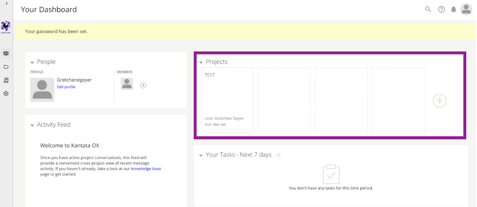 Screenshot of a user dashboard on the Kantata OX platform, highlighting the 'Projects' section.
