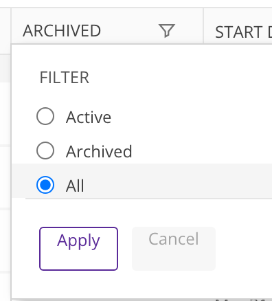Screenshot of the Archived column showing options for 'Active', 'Archived', and 'All', with 'All' selected and an 'Apply' button.