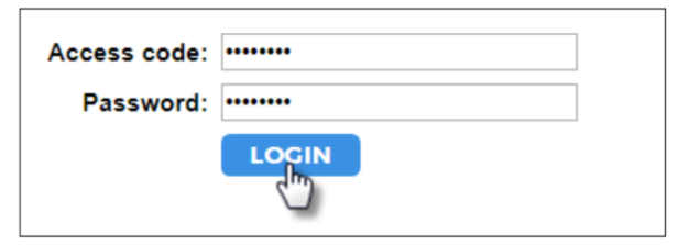 The login form showing masked access code and password fields with the cursor on the Login button.