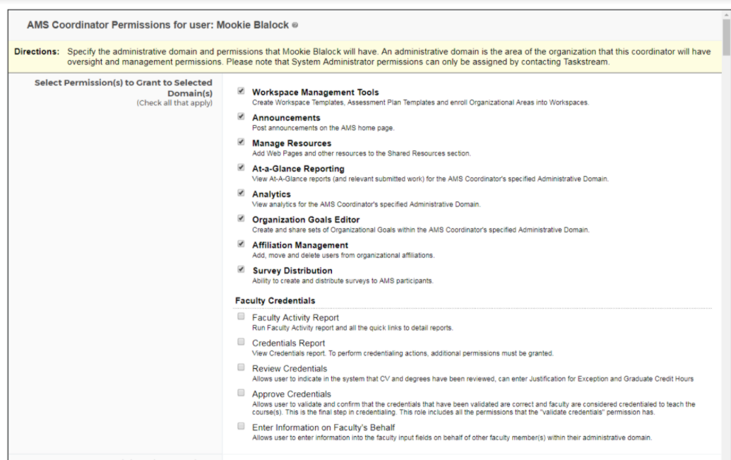 The AMS Coordinator permissions page showing a list of selectable administrative domains and permission checkboxes for managing tools, resources, reporting, analytics, and credentialing access.