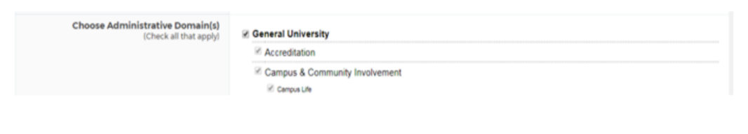The administrative domain selection section showing a checklist of organizational domains with multiple options selected for access assignment.