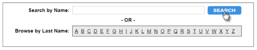 The search interface showing options to search users by name or browse alphabetically by last name, with a search field and Search button displayed.