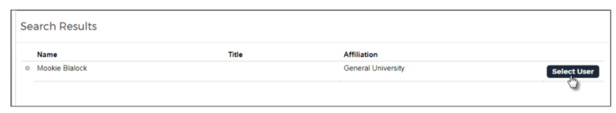 The search results section showing a selected user listed with name and affiliation information and a Select User button highlighted on the right.