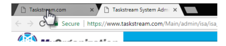 The web browser address bar showing the Taskstream website loaded over a secure HTTPS connection with multiple Taskstream tabs open.