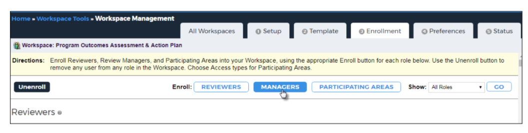 The workspace enrollment management page showing the Program Outcomes Assessment & Action Plan workspace with options to enroll reviewers, managers, or participating areas, and the Managers button highlighted.