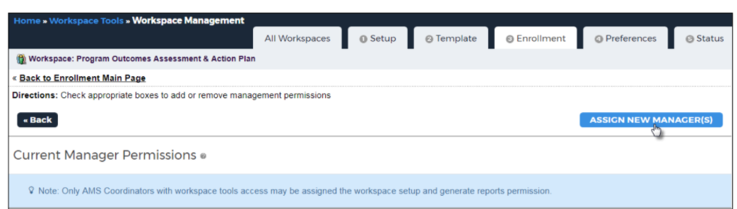 The workspace manager permissions page showing the Program Outcomes Assessment & Action Plan workspace with the Assign New Manager(s) button highlighted.