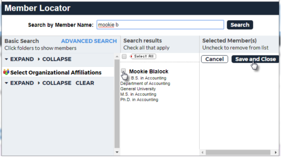 The Member Locator window showing a search for a user with results listed in the center panel and Save and Close controls on the right.